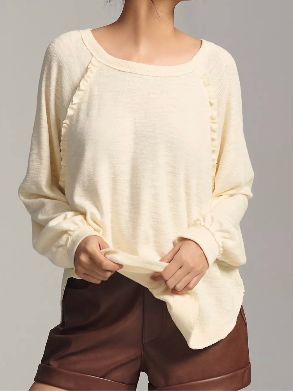 Anthropologie Pilcro Cream Ruffled Raglan Thermal Top Size  Small